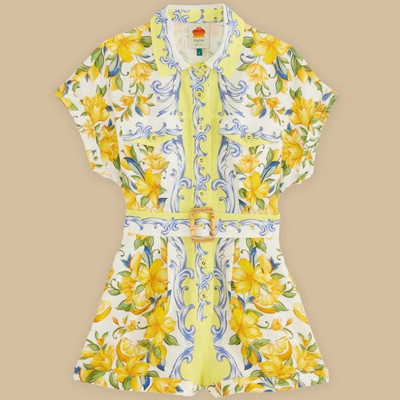 FARM RIO SICILY FLORAL LINEN ROMPER M - Picture 4 of 6